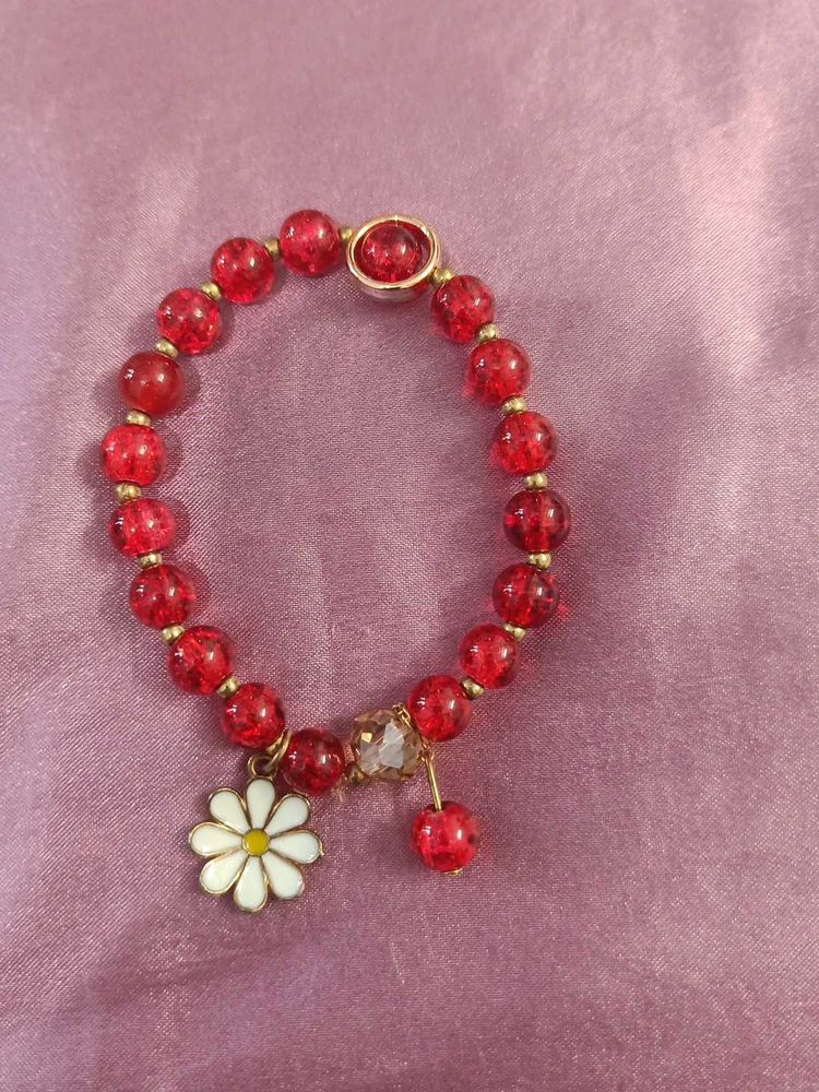 Red Beaded Daisy Charm Bracelet