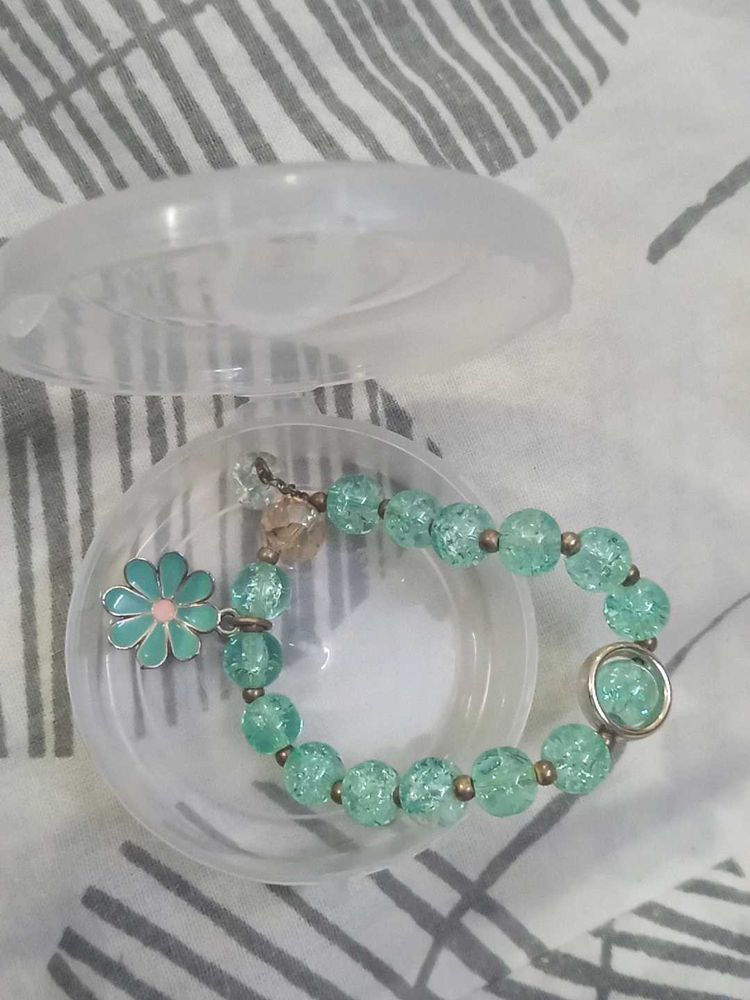 Mint Green Beaded Bracelet with Flower Charm