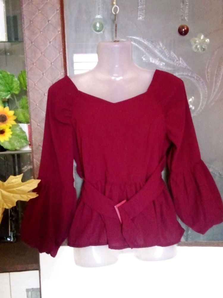 Maroon Bell Sleeve Belted Top