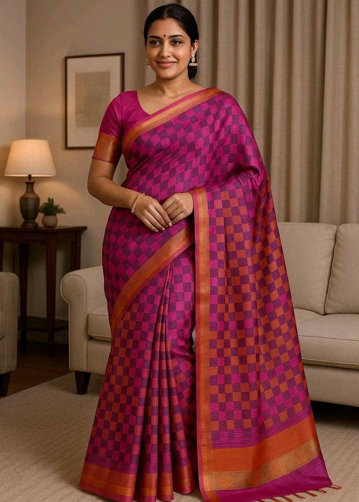Elegant Pink &amp; Orange Checked Kanjivaram Silk Sare