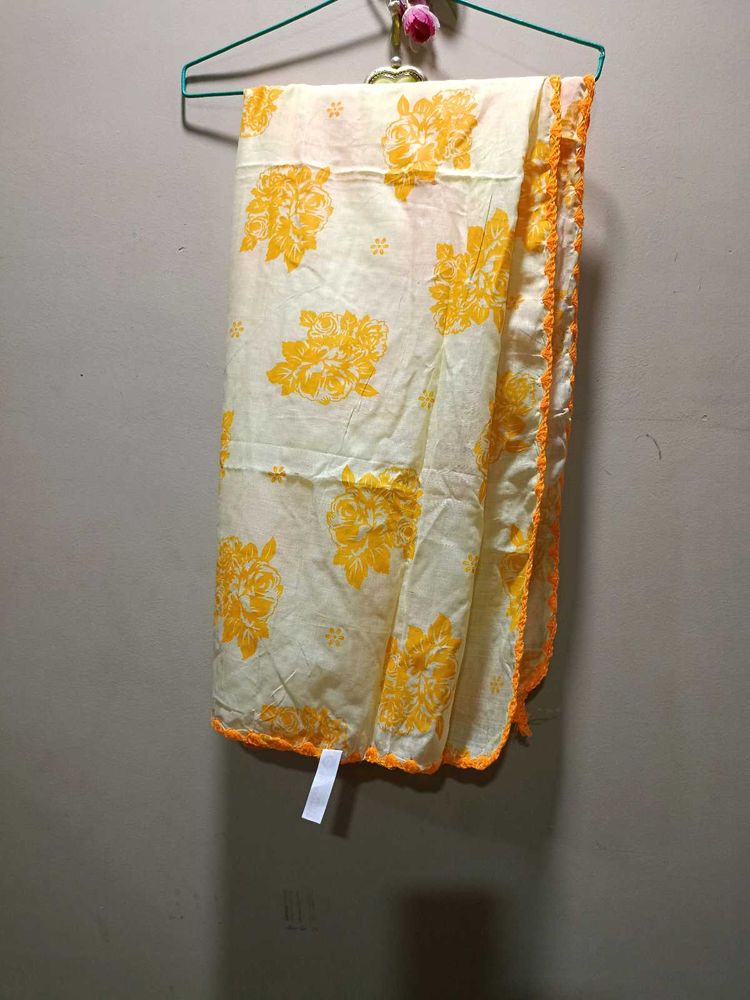 Yellow Dupatta With Orange Crochet Work on Borders