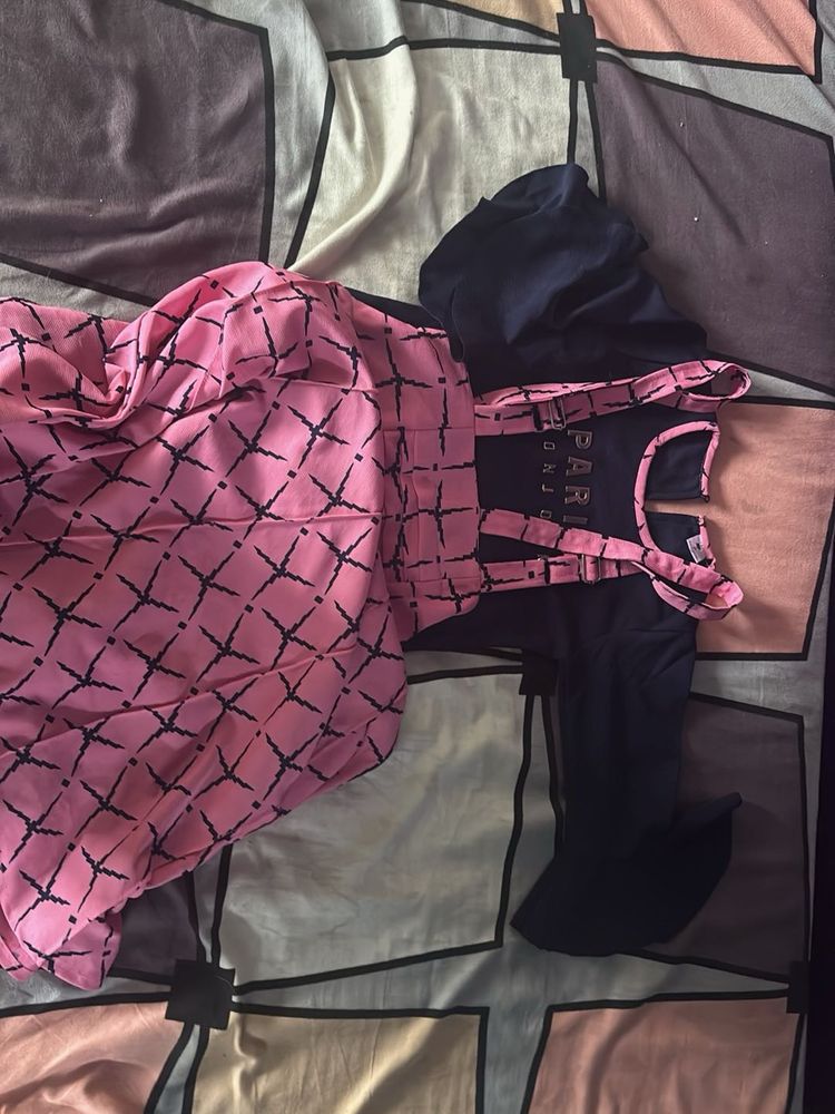 Pink Patterned Dress &amp; Navy Top Set