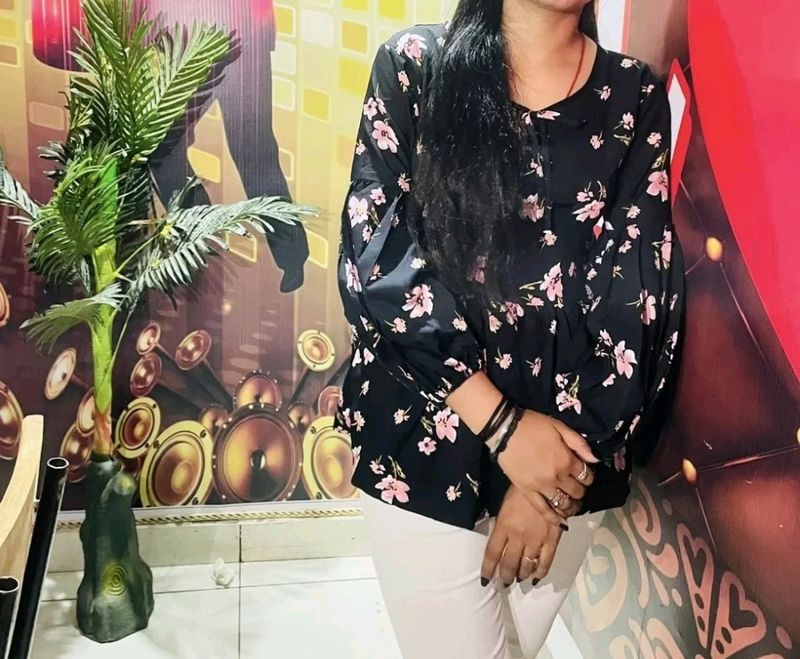 Floral Print Women Black Top