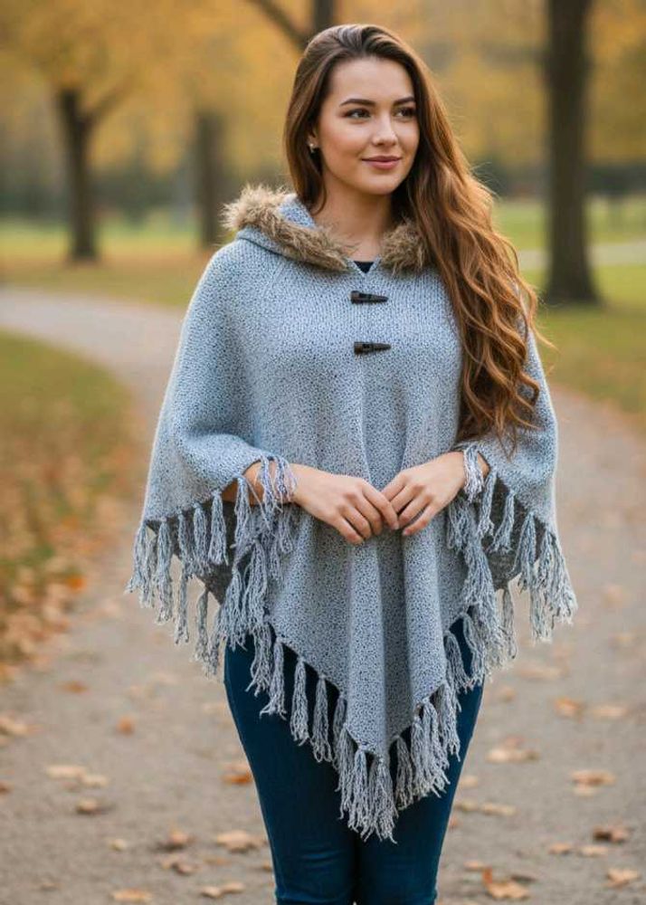 Last Price Gray Knitted Poncho with Fringes