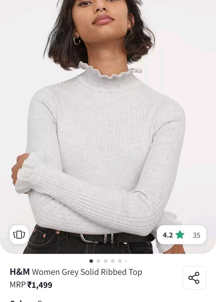 H&amp;M Women Grey Solid Ribbed Top