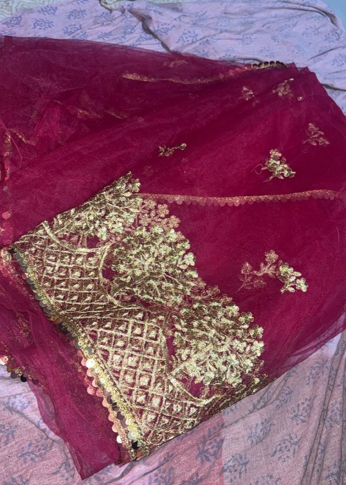 Maroon Gold Embroidered Net  Saree