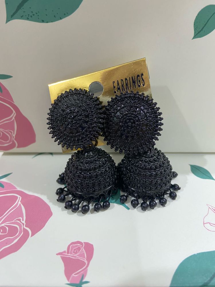 Black Beaded Jhumka Earrings