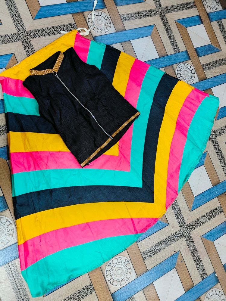 Multicolored Flared Lehenga With Black Top