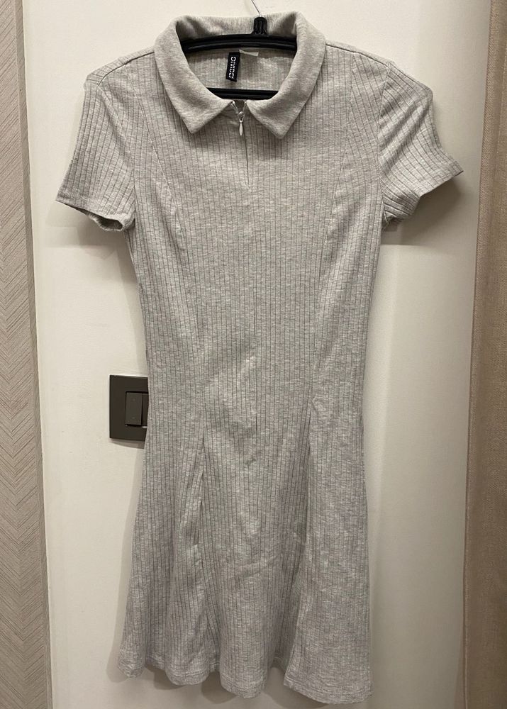 H&amp;M Grey Ribbed Polo Dress