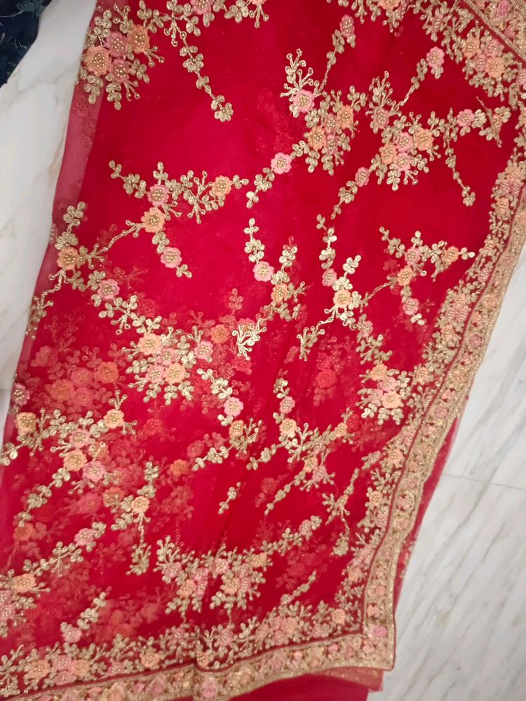 A Pretty Red Colour Net Embroidered Saree