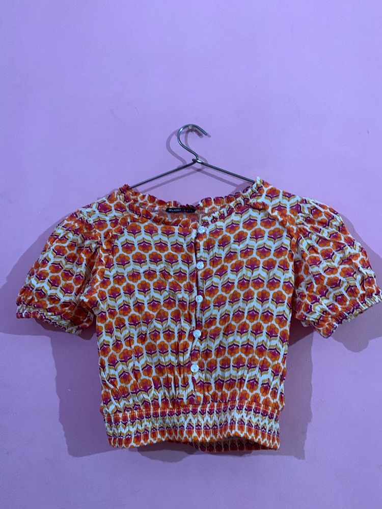 Patterned Puff Sleeve Crop Top