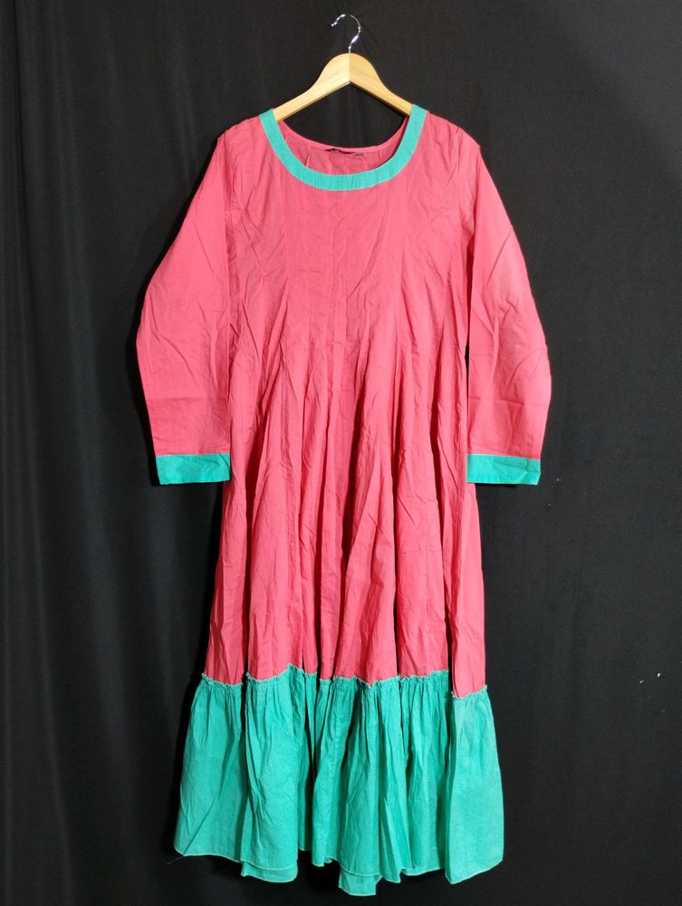 Ajio Coral Pink And Green Printed Umbrella Kurti