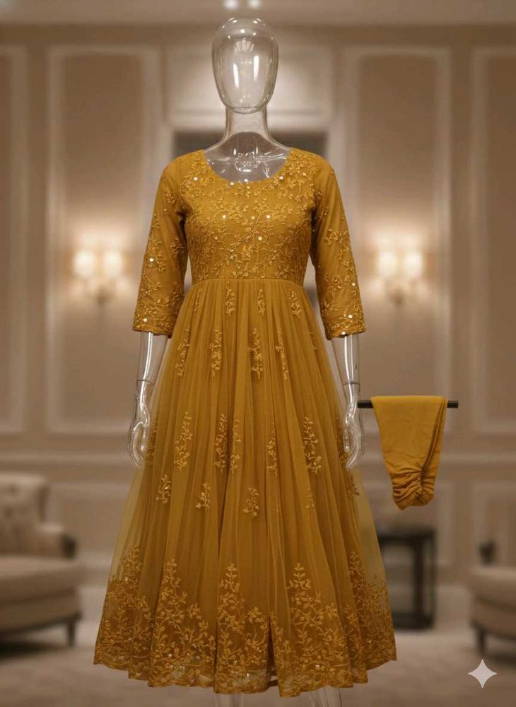 Elegant Gold Butterfly Anarkali Kurti