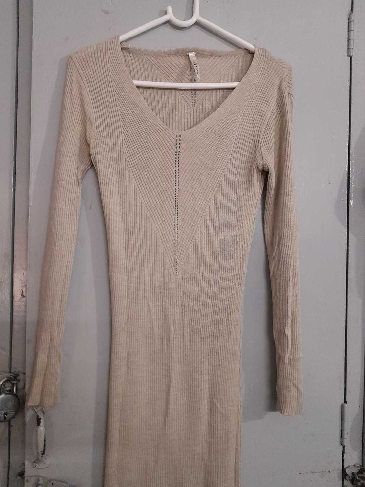 Beige Ribbed Bodycon Midi Dress