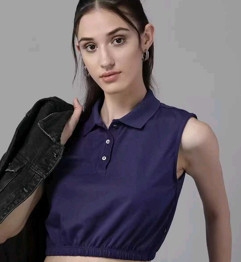 Navy Cropped Polo Collar Top