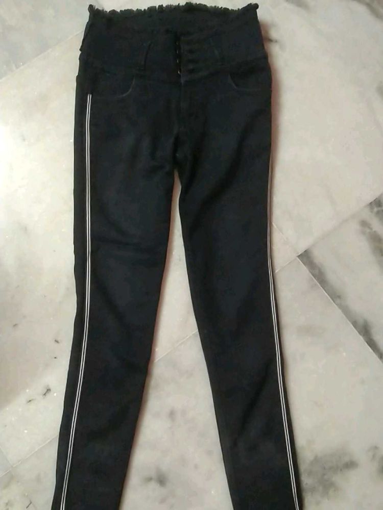 High Waisted Black Jeans with White Stripe