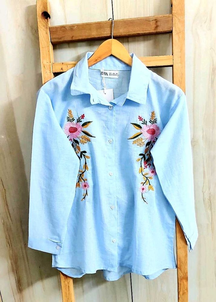 Floral Embroidered Light Blue Shirt size-36