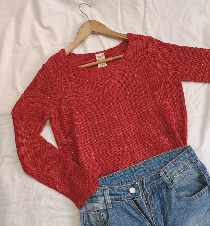 Red Knit Long Sleeve Top