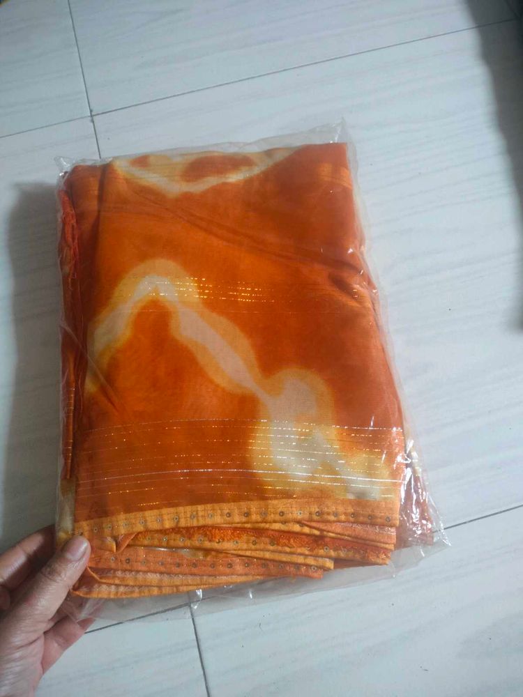 2 Piece Orange Printed Saree