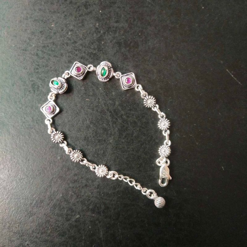 Pure Silver Antique Oxidised Pink&amp;Green CZ Bracele