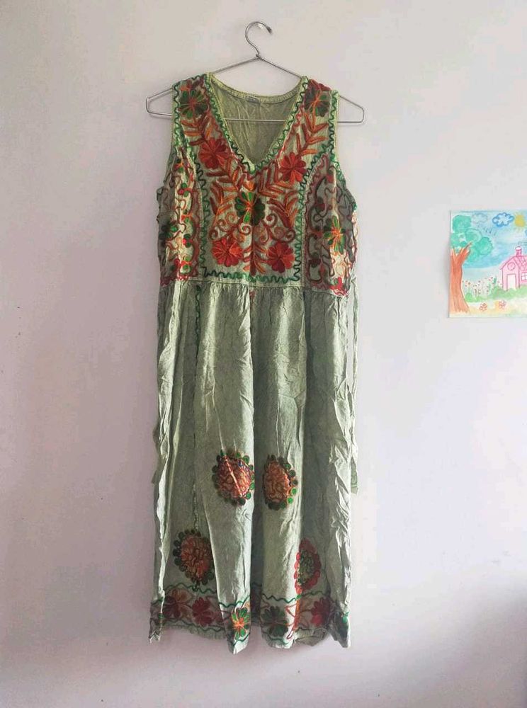 Green Boho Embroidered Dress
