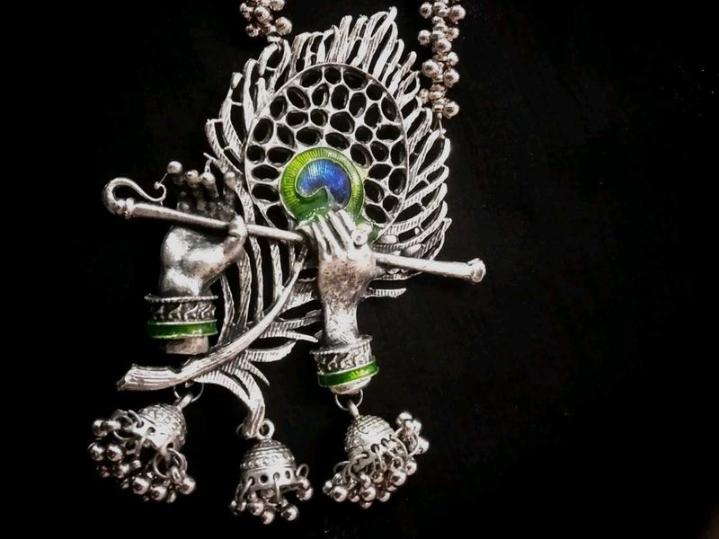Krishna Flute Silver Necklace with Earrings
