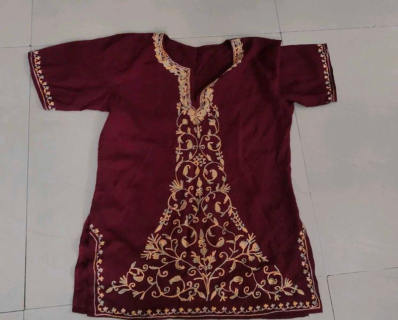 Maroon Embroidered kashmiri work short kurti