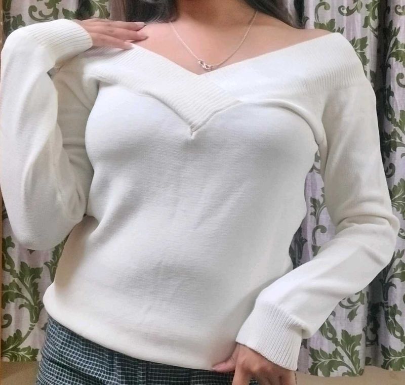 White V-Neck Knit Sweater
