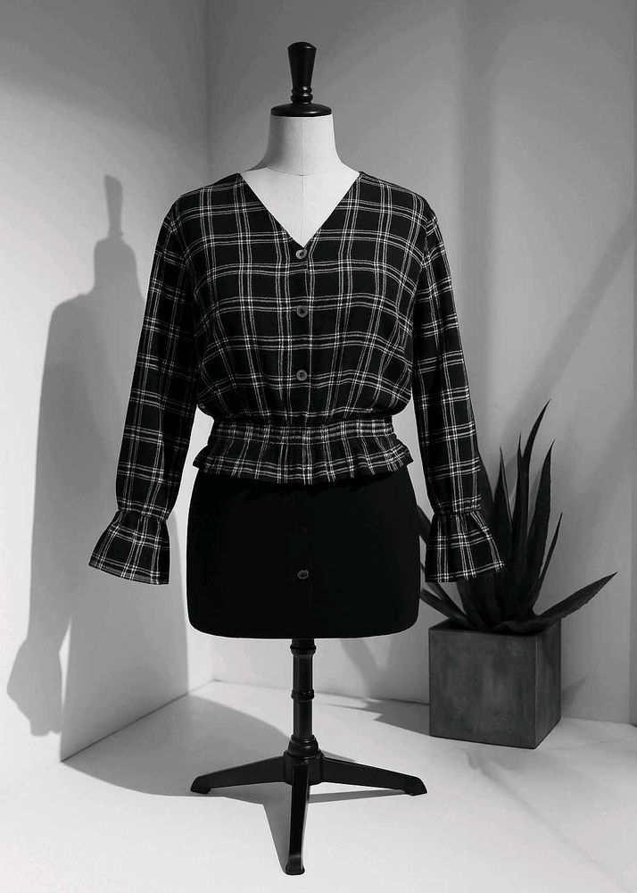 Plaid Top with Ruffle Sleeves