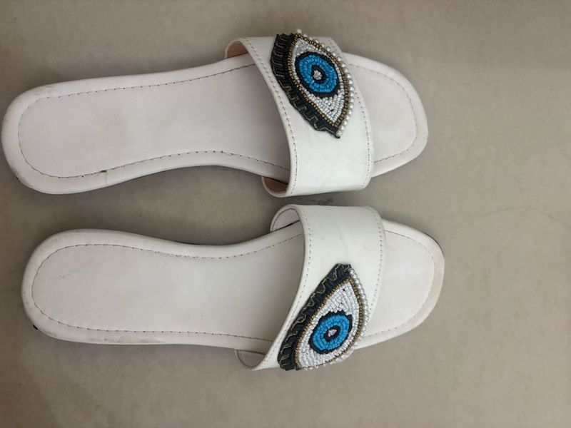 White 'Evil Eye' Embellished Slides