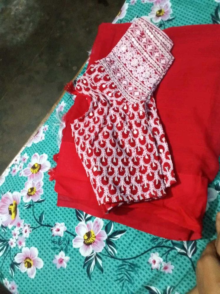 Red Embroidered Dress Material