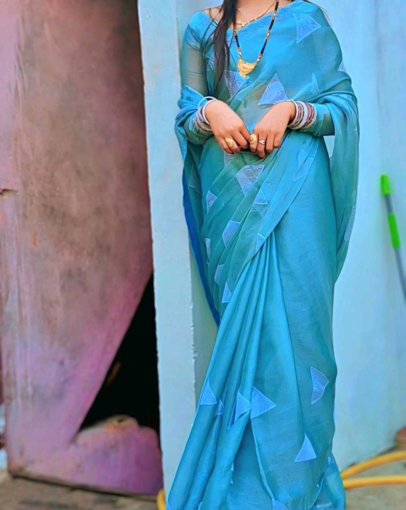 Elegant Blue Printed Saree with stitch full sleeve