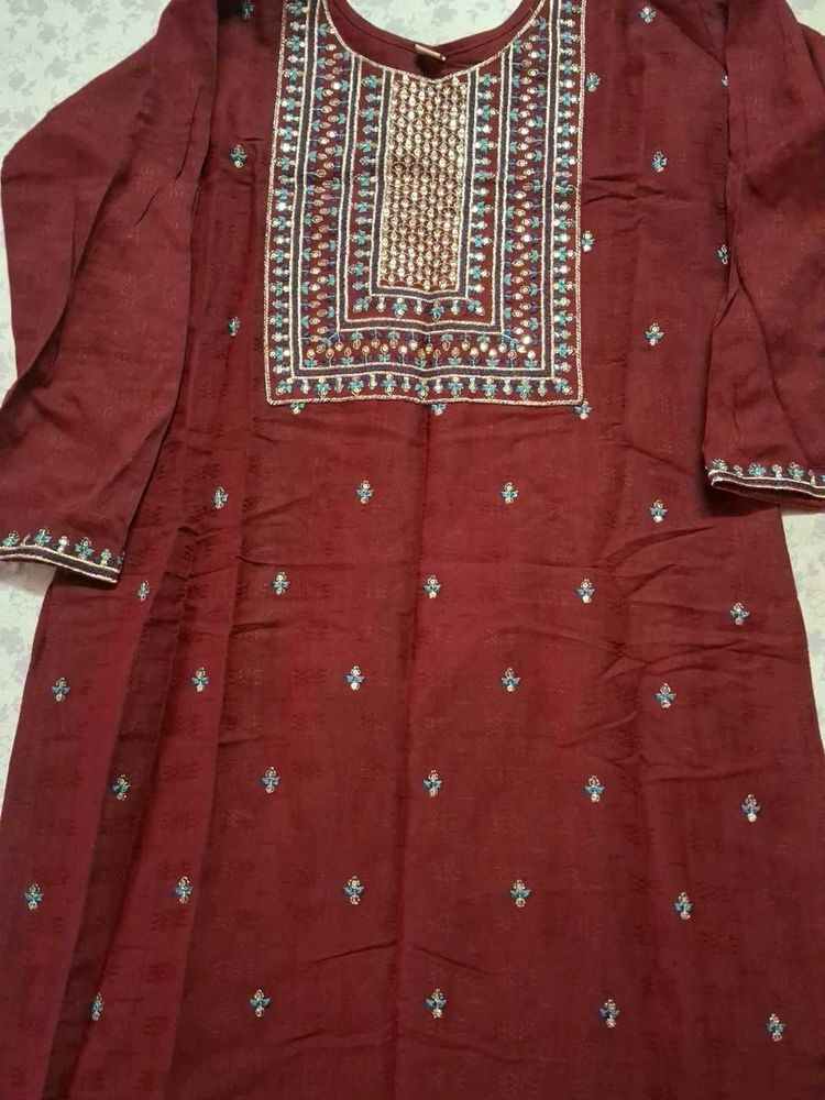 Maroon Embroidered Kurta