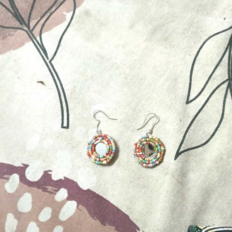 Beaded Mirror Circle Earrings