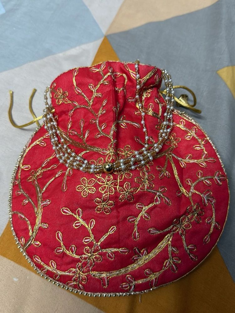 Red &amp; Gold Embroidered Potli Bag