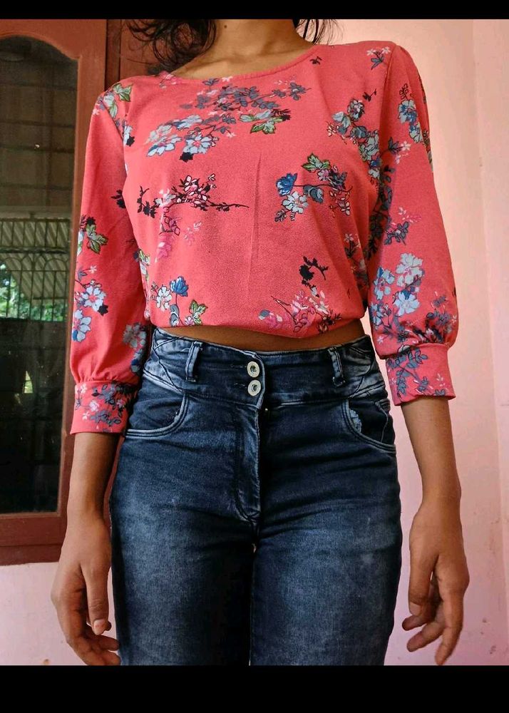Floral Print Top With Denim Jeans