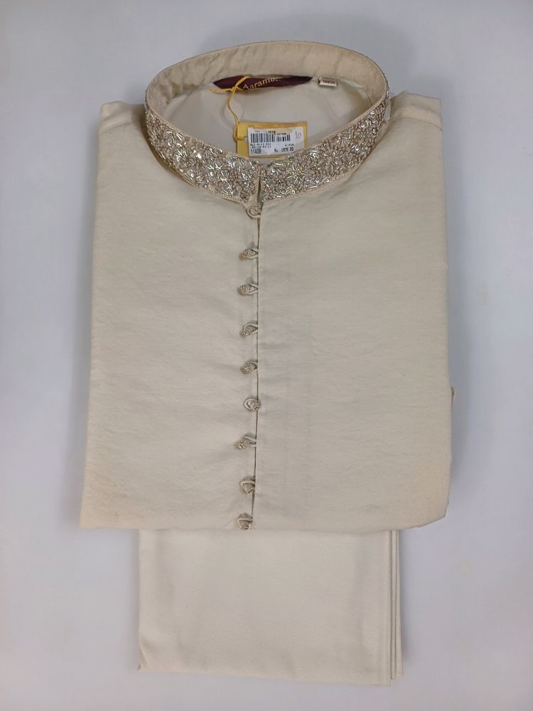 Kurta Chudidar Set (Cream-Handwork On Collar)