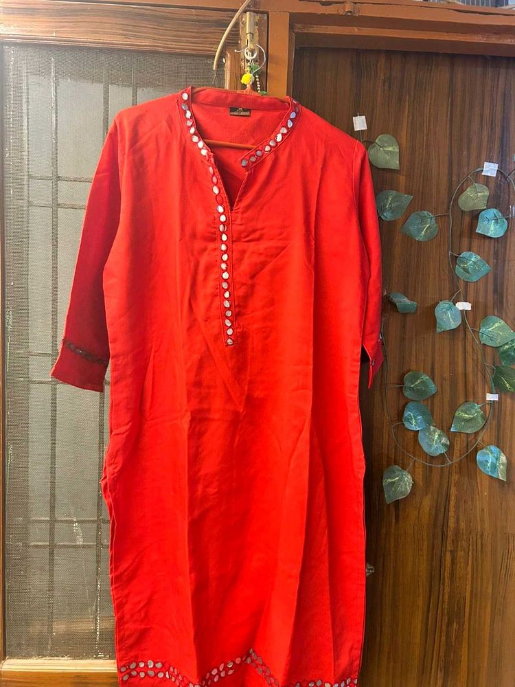 Red Embellished Mirror Work Kurta Set