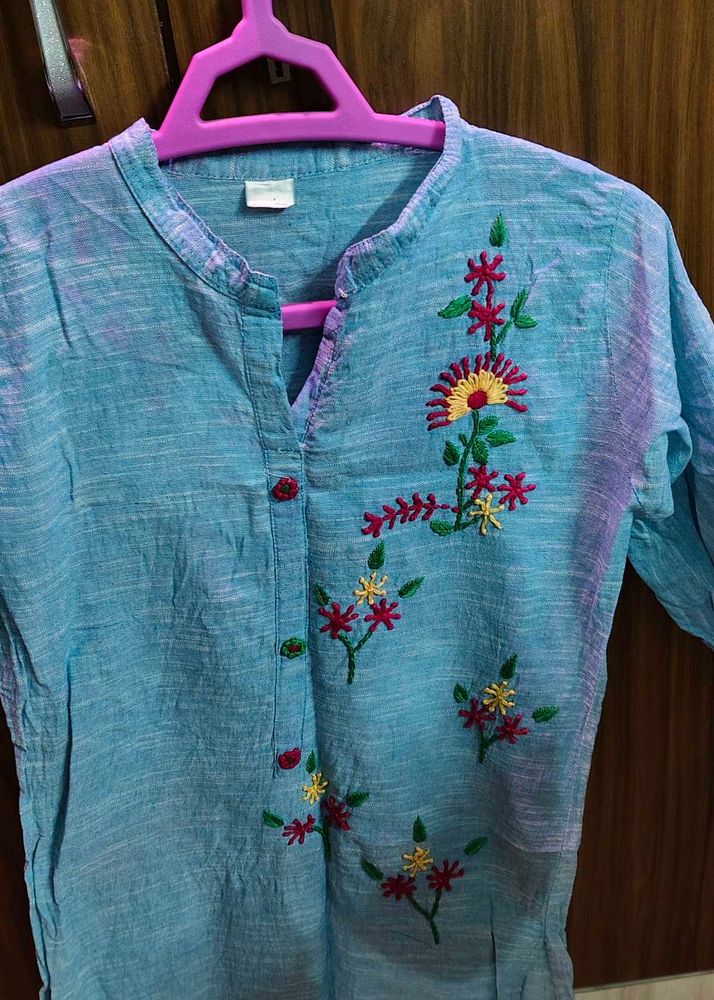 Floral Embroidered Blue  Kurta