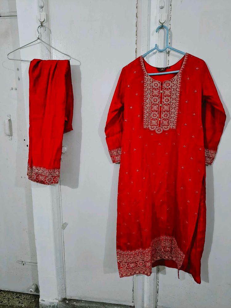 Red Embroidered Kurta Pant Set