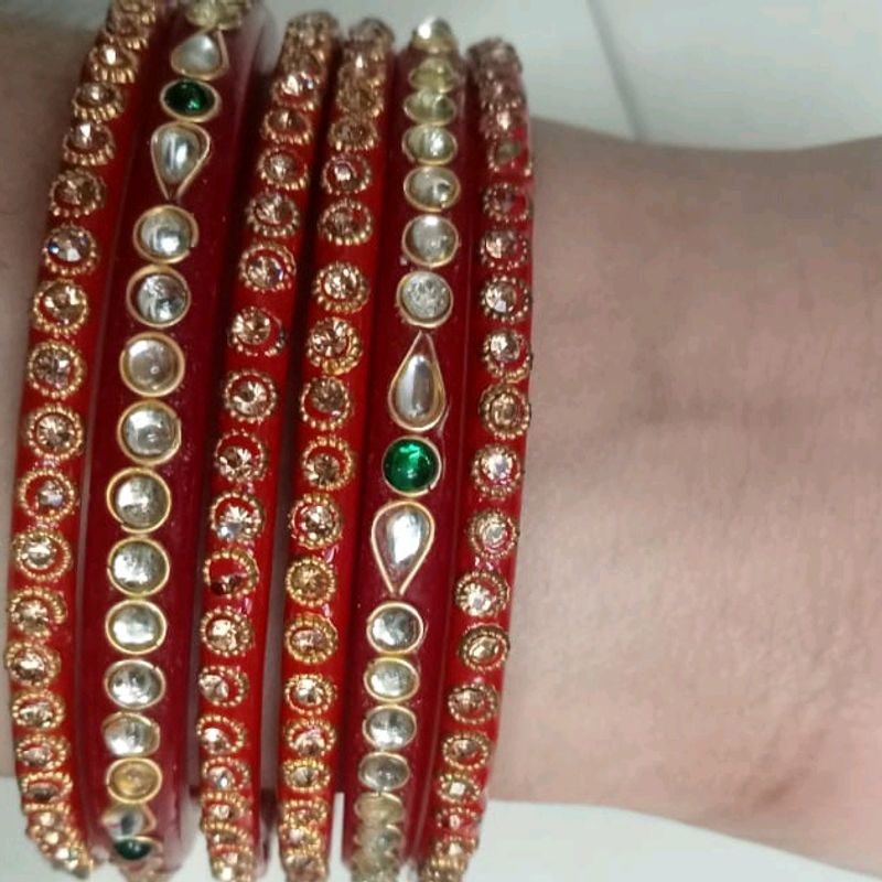 Red &amp; Gold Crystal Bangles - Set of 6
