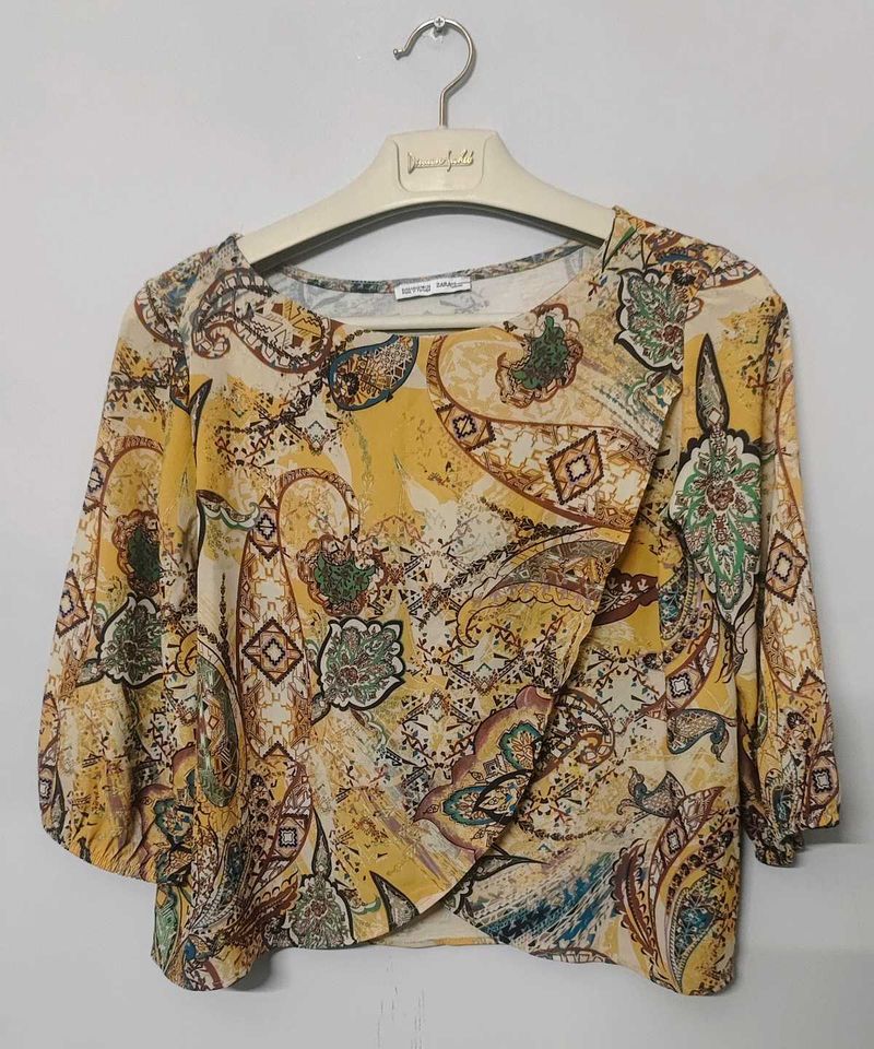 ZARA Mustard Yellow Paisley Print Wrap Top(S Size)