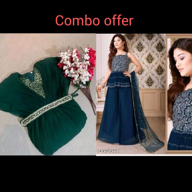 Green Gown With Top Plazo Dupatta Combo Set