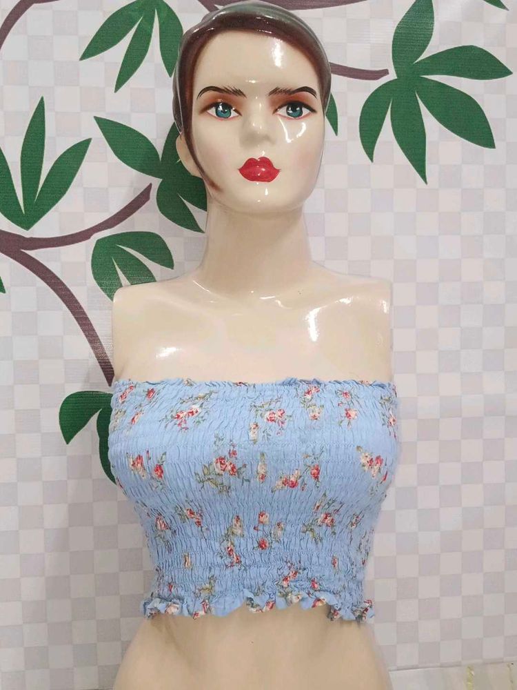 (1300)Floral Print Smocked Tube Top
