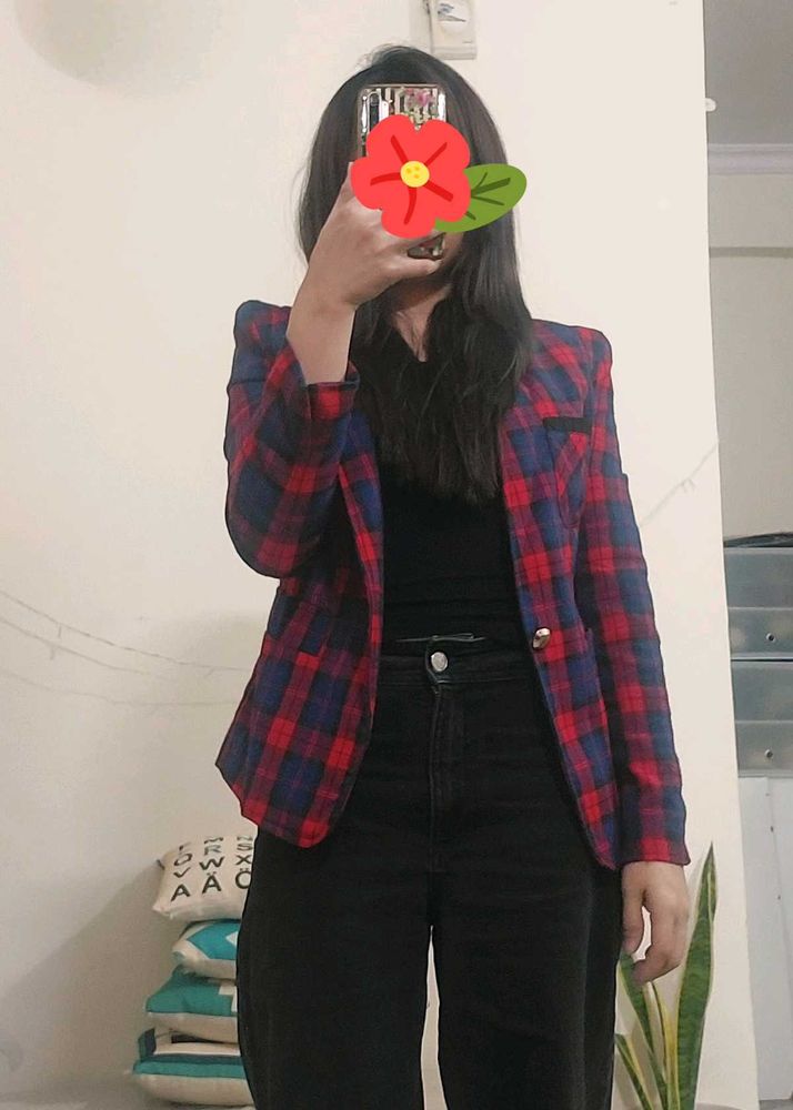 Red-Checked Plaid Blazer-Slim fit