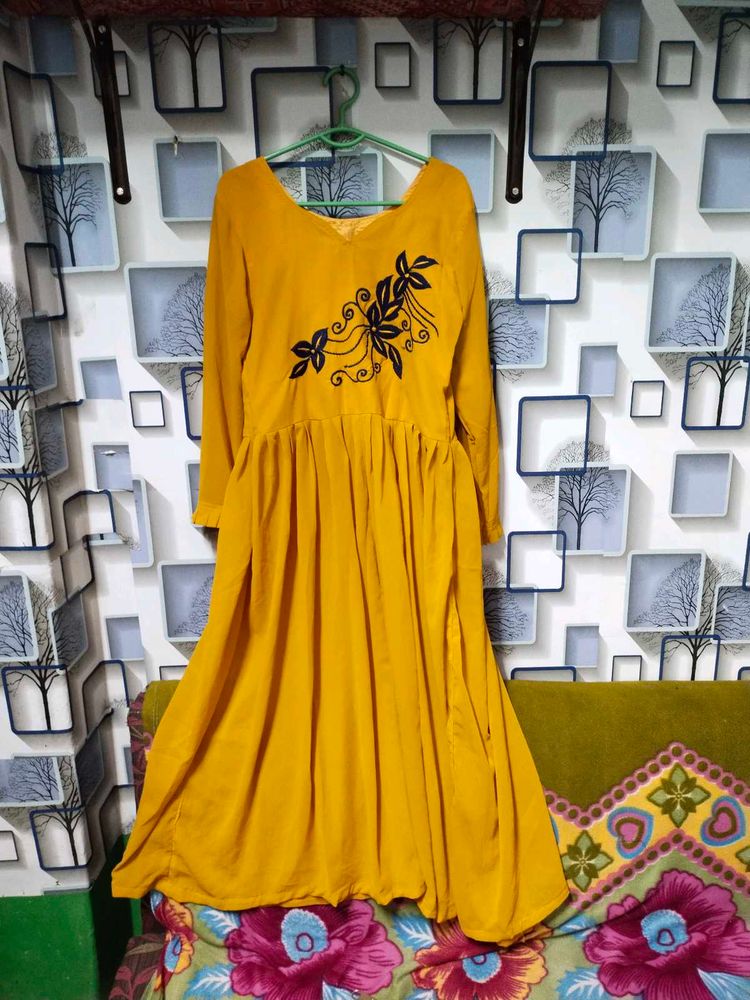 Mustard Floral Embroidered Dress