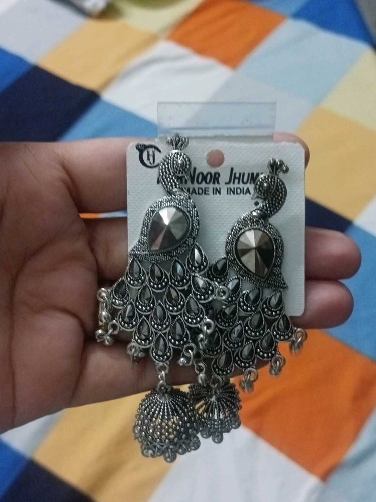 Silver Peacock Jhumka Earrings