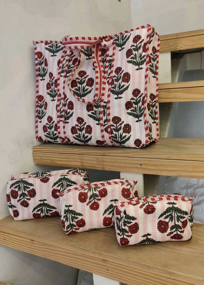 Floral Tote Bag with Pouches