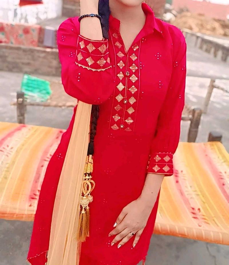 Red Embroidered Kurta Set