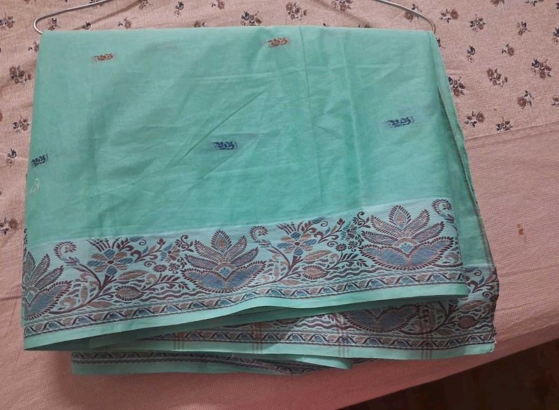 Sea Green Cotton Saree with Contrast Border